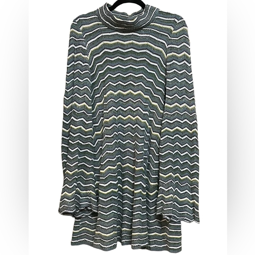 Free People Tunic Zig-Zag Knit Wool Blend Bell Sleeve Sweater Dress Womens Large
